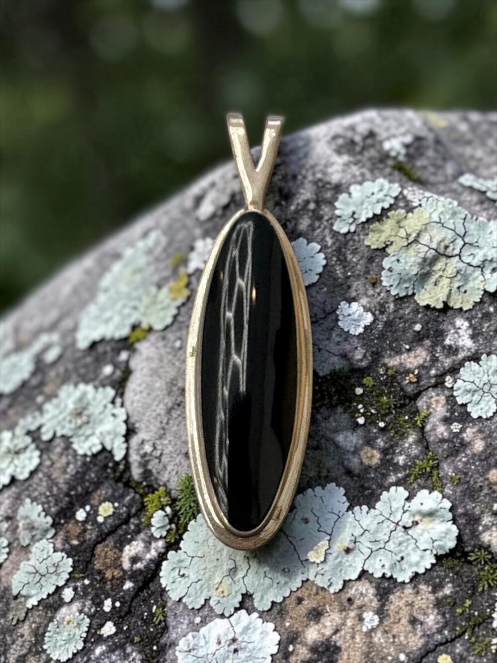 Vintage 925 Sterling Silver Black Cabochon Minimalist Pendant Sleek Elongated Ov